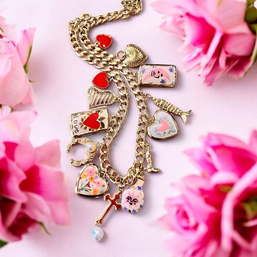 Gold toned chunky charm necklace with Heart and Love Accents